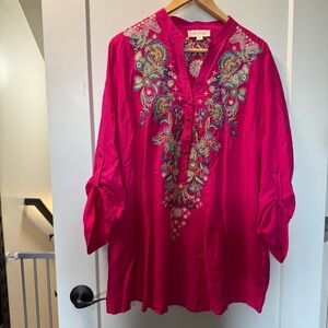Luna Moon Bright Pink Magenta Embroidered Popover Tunic Top Boho Lightweight‎ XL